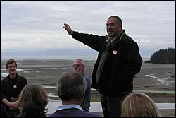 Barney Thomas discussing coastal issues at Puketawai